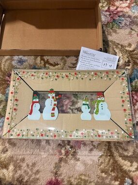 Pampered Chef Beige Holiday Snowman Serving Platter with Red and Green Accents